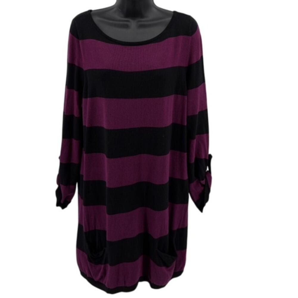 Caslon Sweater Tunic Womens L Berry Black Striped Roll Tab Sleeves Knit Pullover - Picture 2 of 7